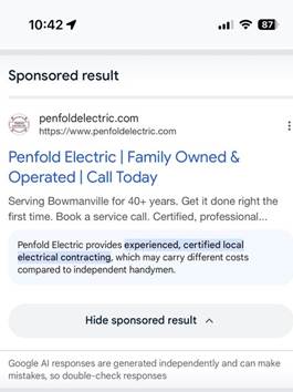 Gesponsertes Suchergebnis für Penfold Electric mit KI-generiertem Zusammenfassungstext