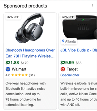 Google-Shopping-Anzeigen für Bluetooth-Kopfhörer und JBL-Ohrhörer mit KI-generierter Produktbeschreibung unterhalb der Preisangaben