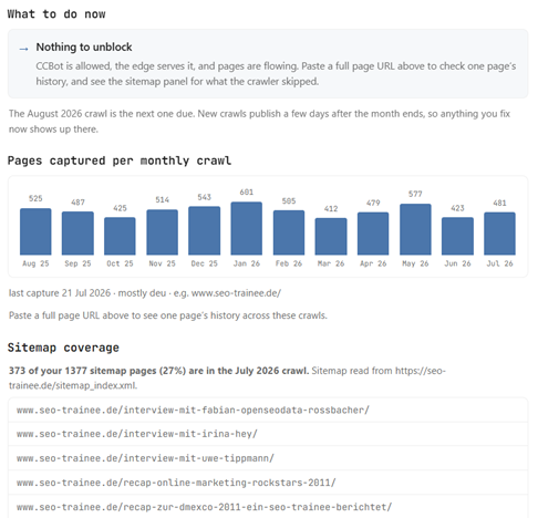 Common-Crawl-Visibility-Check für seo-trainee.de zeigt Balkendiagramm der monatlich erfassten Seiten von August 2025 bis Juli 2026 sowie 27 % Sitemap-Abdeckung im Juli-Crawl