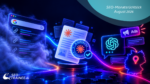 KI-generierte Illustration zum SEO-Monatsrückblick August 2026: Google-Suchleiste mit Links, ein Dokument mit „AI Generated"-Siegel, ChatGPT-Icon mit Ads-Sprechblase und ein Standort-Pin auf Deutschland, verbunden durch leuchtende Linien vor dunklem Hintergrund