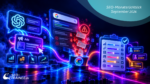 Neon-Illustration zu ChatGPT Ads, dem Google Spam-Update 2026 und einer SEO-Ranking-Faktoren-Umfrage mit KI-Chat, fallenden Suchergebnissen und Bewertungsreglern.