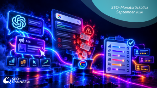 Neon-Illustration zu ChatGPT Ads, dem Google Spam-Update 2026 und einer SEO-Ranking-Faktoren-Umfrage mit KI-Chat, fallenden Suchergebnissen und Bewertungsreglern.