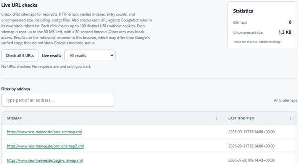 Sitemap Inspector listet acht Sitemaps von seo-trainee.de mit Änderungsdatum und bietet einen Live-Check der URLs