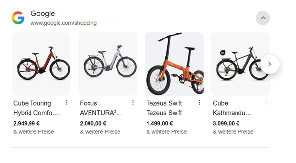 Google Shopping zeigt für die Suche „e bike“ eine Produktliste mit vier E-Bikes zu Preisen zwischen 1.499 € und 3.099 €